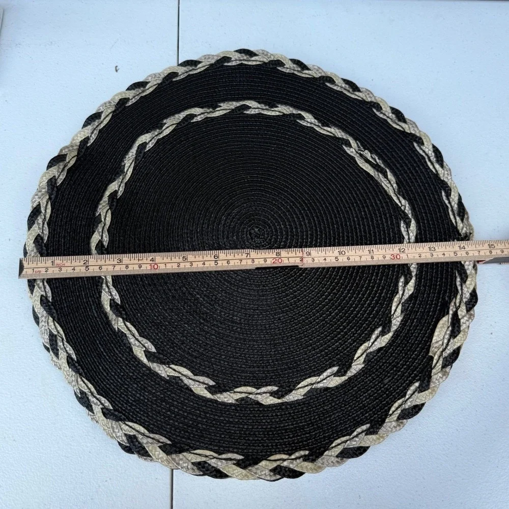 Set of 5 Round Black Woven Placemats with Tan Braided Trim 15 Inch Boho Decor